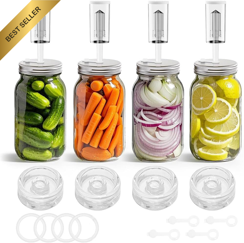 Fermentation Jar Set, 4 Wide-Mouth Jars with Lids, Air Valves & Silicone Gaskets