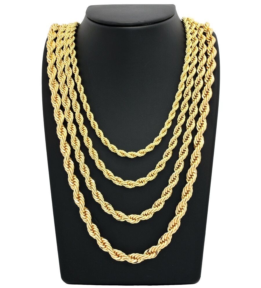 Mens Rope Chain Necklace 14k Gold Plated 2.5mm to 10mm 20" 22" 24" 26" 30"