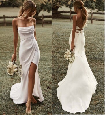 High Slit Cowl neck Wedding Dress,Spaghetti strap Open back simple bridal gown