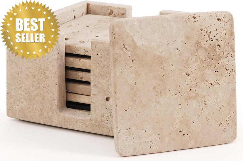 Marble Coasters Set of 6 Handmade 3.5 Inch Square Travertine Coaster for Drinks