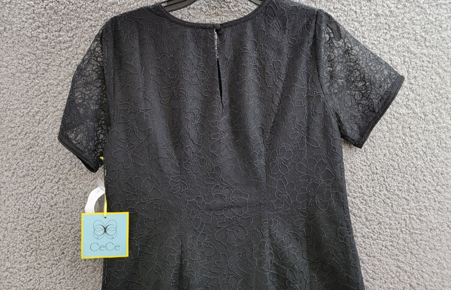 CeCe Lace Short-Sleeve A-Line Dress Women's S Rich Black Crew Neck Button Back - Picture 11 of 17