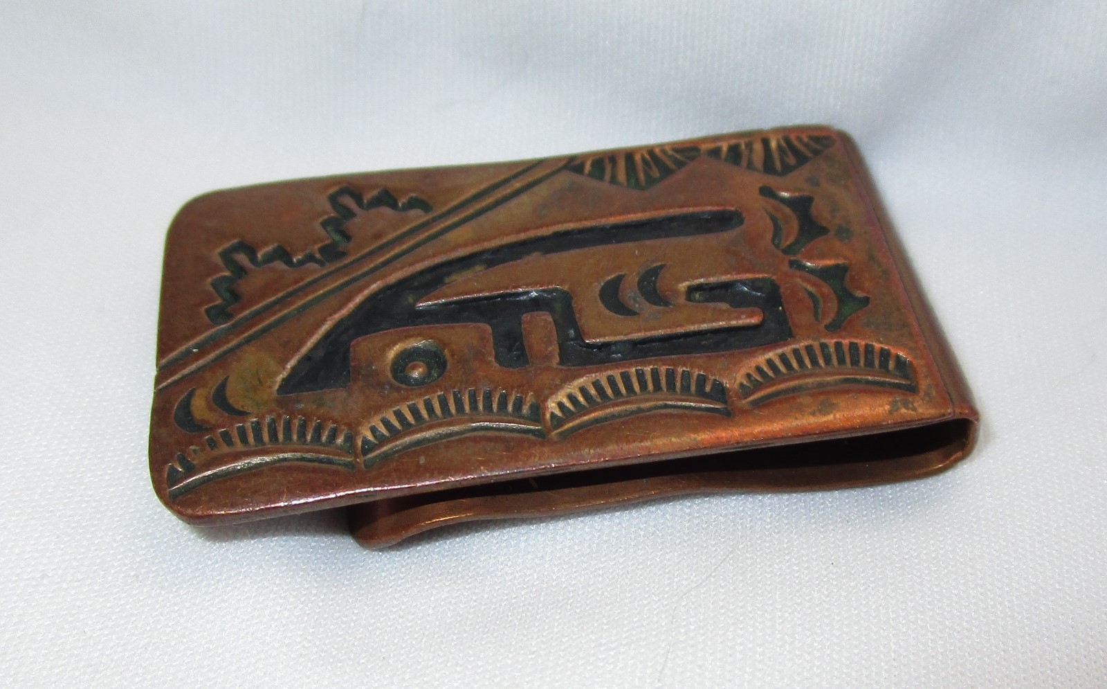 Vintage Copper Money Clip Abstract Kokopelli With Tribal Symbols Signed LN