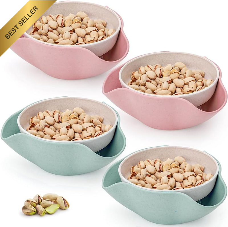 4 Pack Pistachio Bowl, Large Double-Layer Peanut Bowls with Seed Shell Storage,