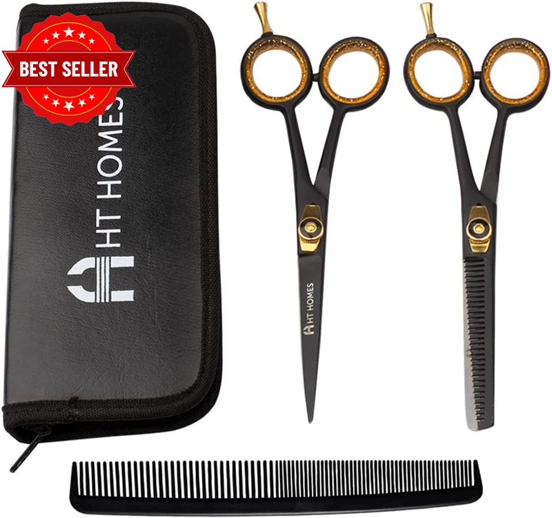 Professional Barber Scissors Set - Thinning Scissors & Shears Kit, 6.5 Inch Blac