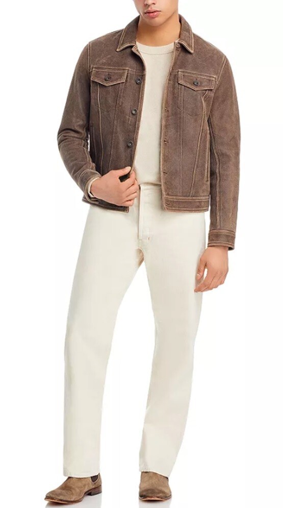 Pre-owned John Varvatos Men's Andrew Leather Trucker Jacket Size: Eu 48, Us 38 (m) In Brown