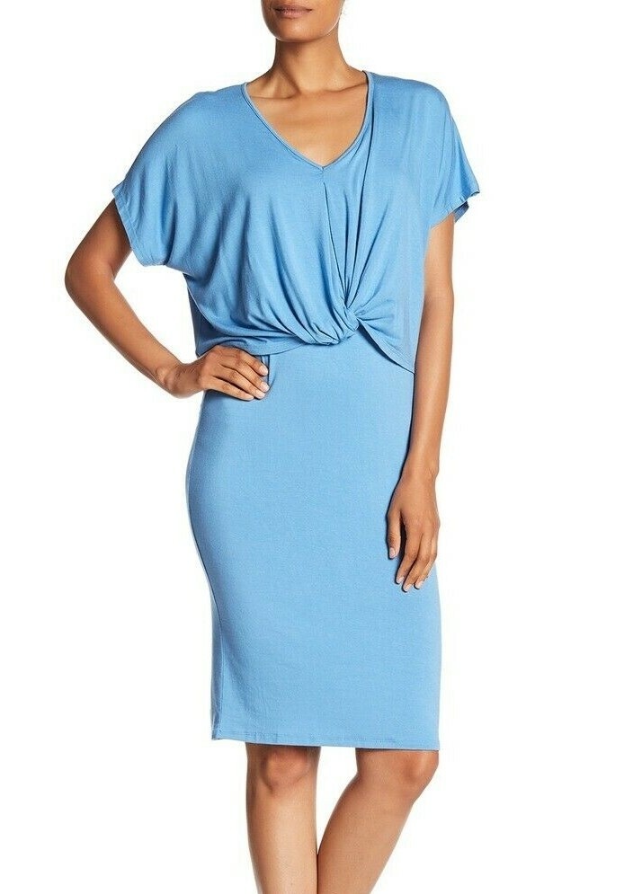 Bobeau 161143 Women's Dolman Short Sleeves V-Neck Knit Dress Blue Sz. Small