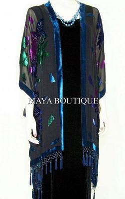 Pre-owned Maya Matazaro Caftan Kimono Duster Beaded Silk Burnout Velvet Tye Dye Blue Multi