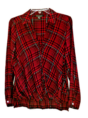 ROCK & REPUBLIC sz M Bubble Hem Blouson Drape Front Plaid Sparkly Blouse
