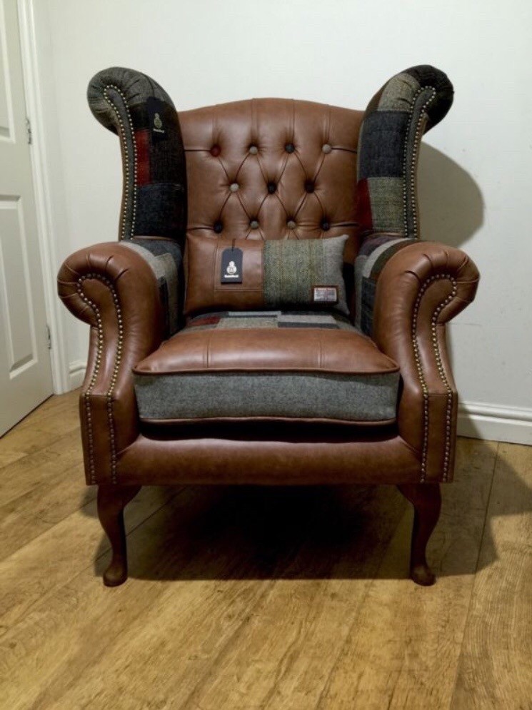 Harris Tweed & Brown Leather Chesterfield Wingback Armchair in