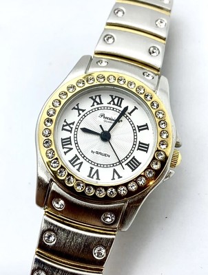 Vintage New GRUEN Precision Women s 28mm Quartz Watch Gold SS Diamond Bezel