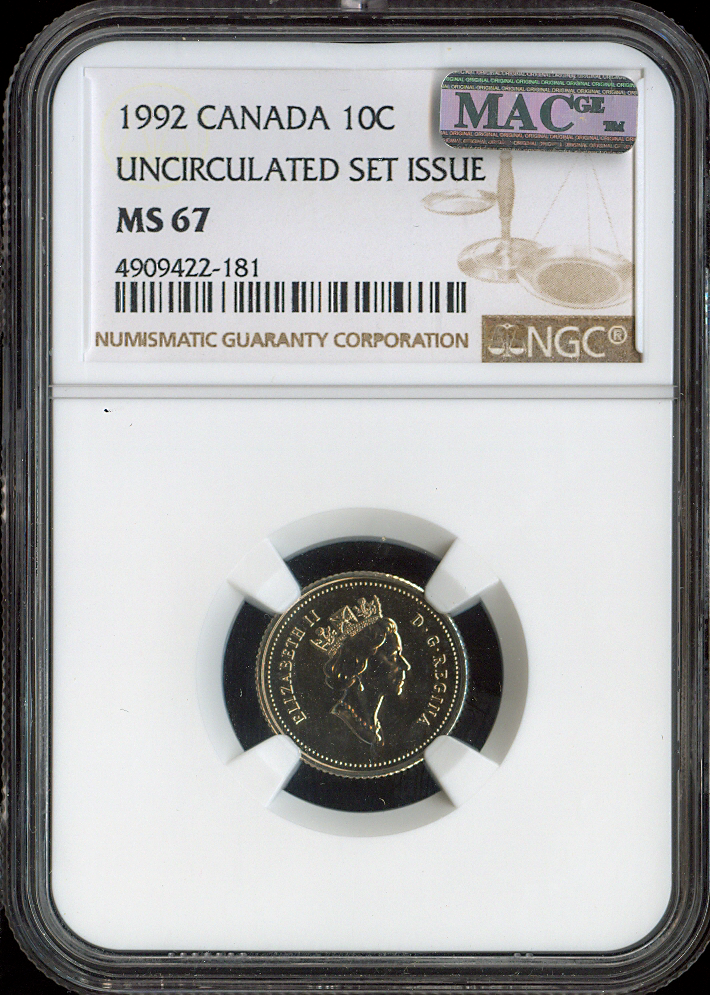 1992 Canada 10 Cents 10C NGC MS67 MAC - Quality