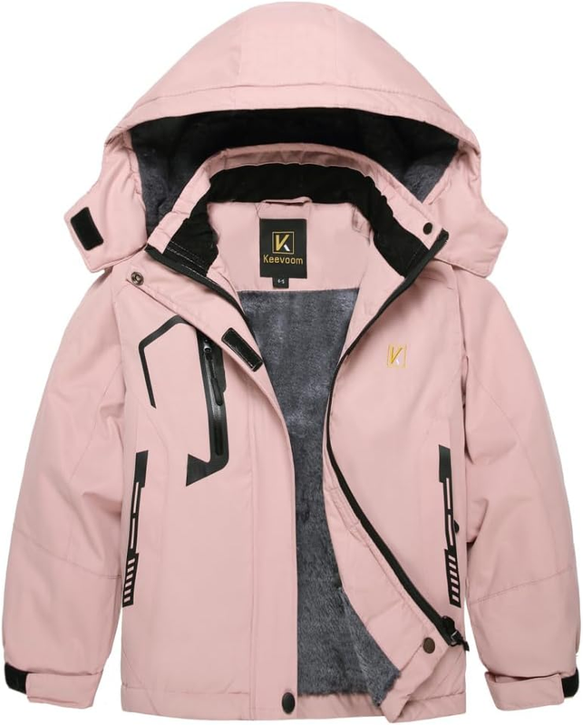 Girl'S Waterproof Ski Jacket Fleece Snow Coat Windproof Warm Winter Snowboarding Jacket with Removable Hood