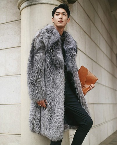 S-6XL Men's Faux Fox Fur Coat Long Jacket Faux Fur Collar