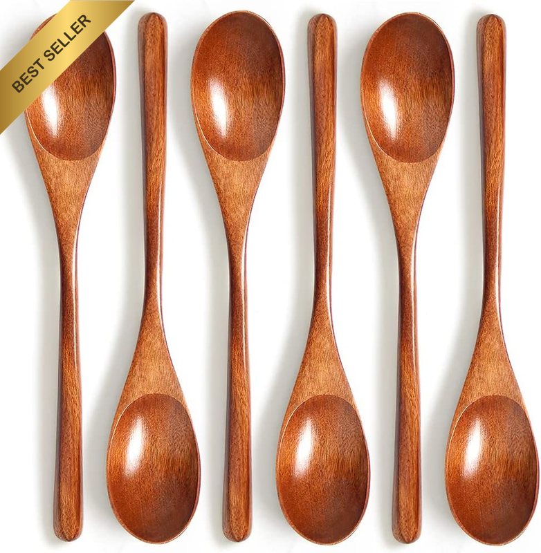 Wooden Spoons, 6 Pieces Wood Soup Spoons for Eating Mixing Stirring Cooking, Lon