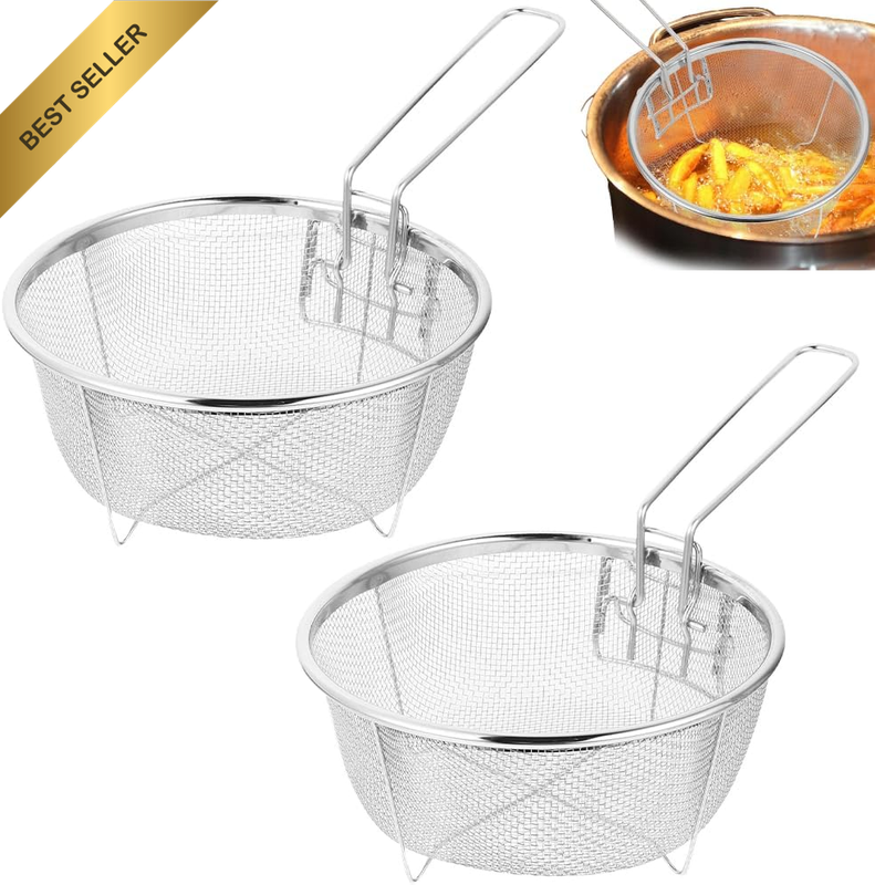 2 Pack Stainless Steel Deep Fry Basket with Detachable Handle, round Fryer Baske