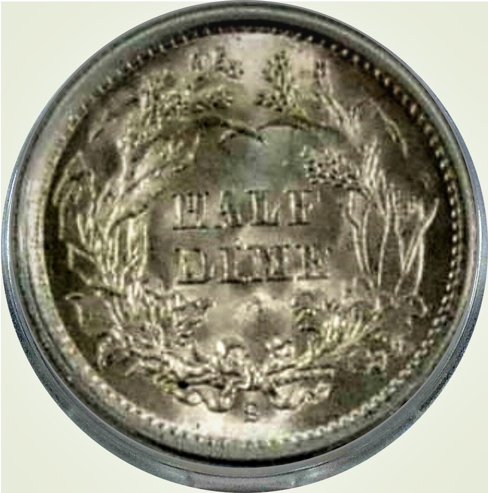 1872 S 5C Liberty seated half dime MM below bow, MS 63 ANACS Very sharp & vivid.