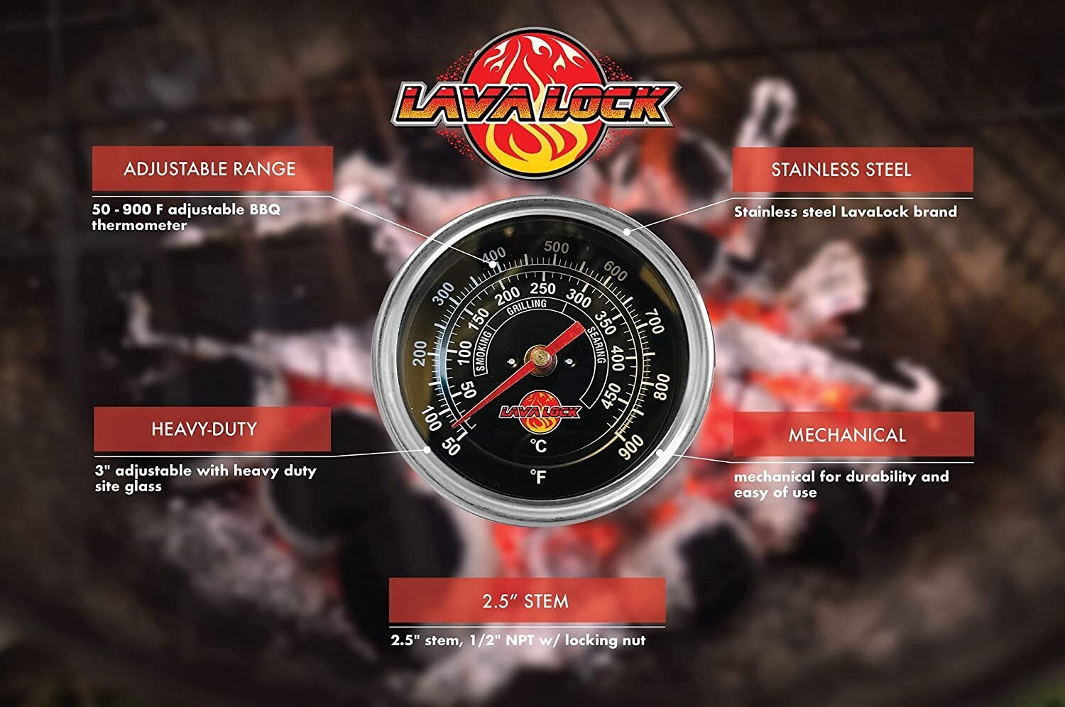 LavaLock Black Face BBQ Grill Thermometer 3 in. Face, 3 in Stem, 1/2" NPT Thread