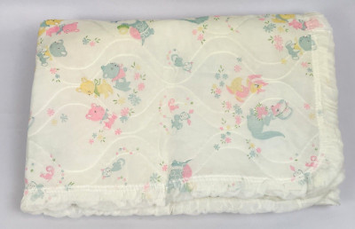 Vintage Animals Baby Blanket Nylon Quilted Crib Ruffle Quilt Pastel 43x36 USA