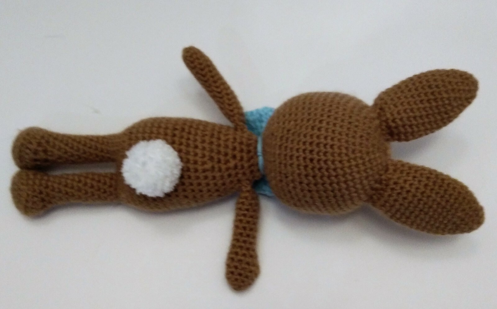 HANDMADE CROCHET BUNNY RABBIT STUFFED TOY WITH BOW TIE, BROWN/WHITE/BLUE 10.5