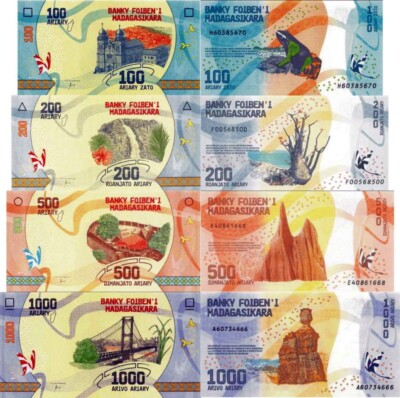 Madagaskar - Lot 4 Banknoten 100/200/500/1000 Ariary 2017 Fds - UNC