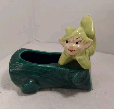 Vintage Light Green Pixie Laying On Green Tree Stump  Planter 4''×4.25''