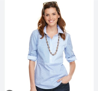 Vineyard Vines Stripe Party Popove Blouse Womens Size 4  Blue White Roll Tab 