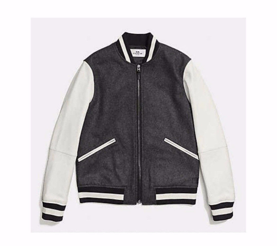 Pre-owned Coach Mens Wool Leather Varsity Jacket Heather Grey/chalk F86524 Msrp $ 695 In White