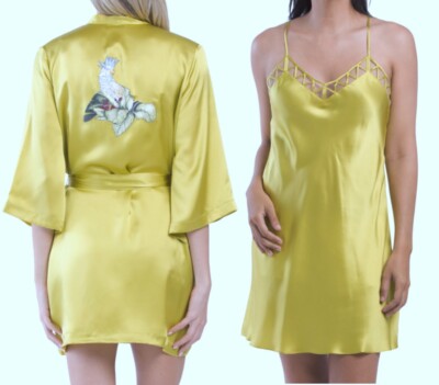 NWT LUNA DI SETA Women XL Made in Italy 100% Silk Kimono & Chemise Set Lime $655