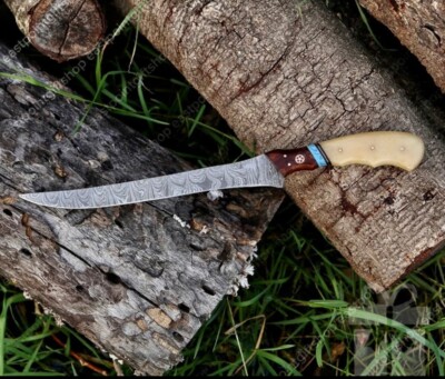 12  Handmade Fish Filet knife Damascus Blade Camel Bone Wood Resin Handle