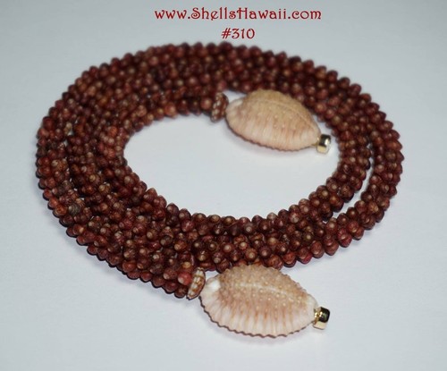 Matching set lei, earrings, bracelet of burgundy Kahelelani Shells #310