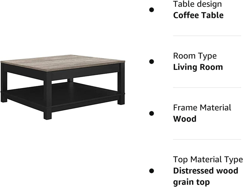 Large Square Coffee Table W/ Bottom Shelf Modern Rustic Distressed Grey/Black