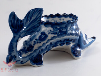 Gzhel Porcelain Caviar server bowl holder fish "Sturgeon" Acipenser Hand painted
