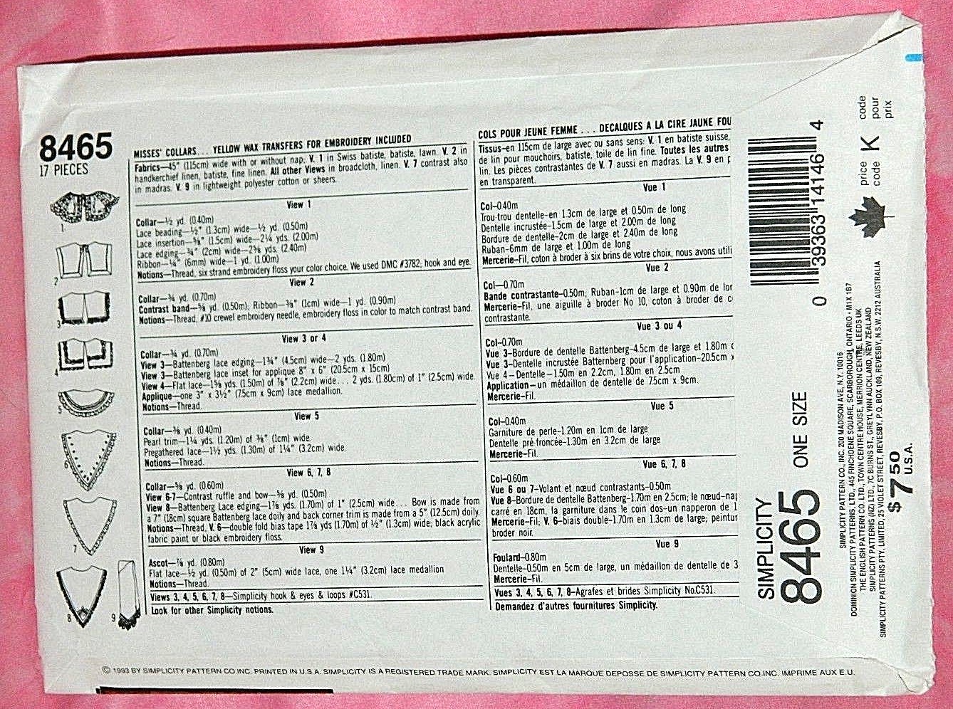 Uncut Simplicity Crafts Fashion Accessories Collars Ascot Pattern 8465 Dickie