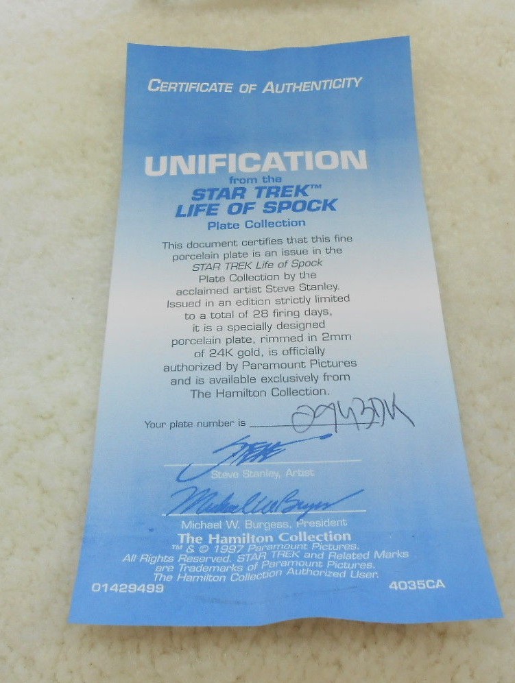 RARE Star Trek LIFE OF SPOCK 1997 Hamilton Collector Plate UNIFICATION w/ COA