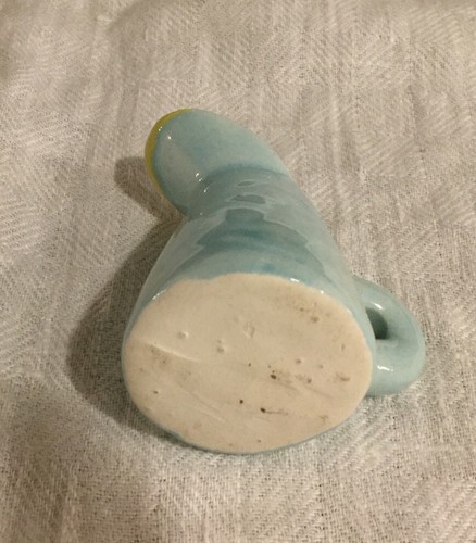 VTG MINIATURE PITCHER Ceramic Baby Blue & Yellow Watering Can Design with flower