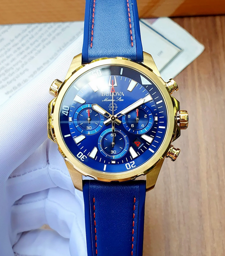 Pre-owned Bulova Marine Star Blue Dial 97b168 Gold Tone Silicone Strap Men's Watch