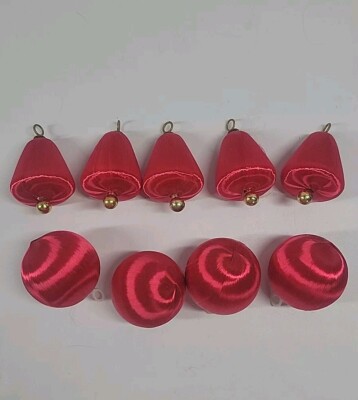 Lot Of 9 Satin Christmas Ornaments Bells Round Balls Retro 70s Red