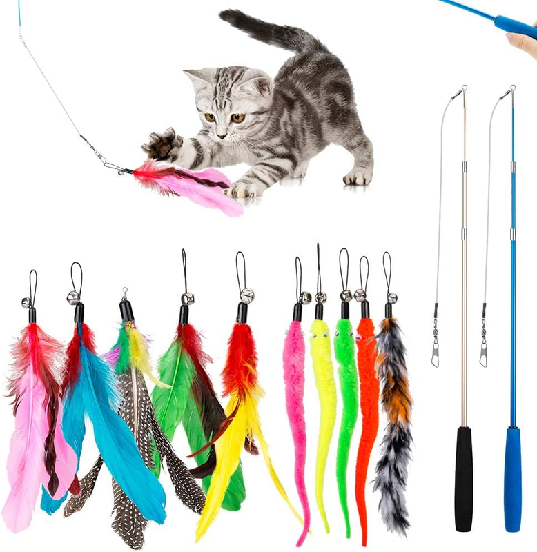 Cat Toys Feather Toy, 2PCS Retractable Wand and 10PCS Replacem...