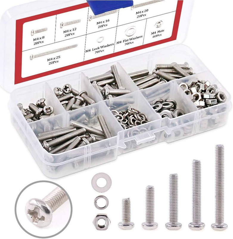 300-Piece M4 Phillips Pan Head Screws Bolt Nut Lock Flat Washers Assortment Kit,