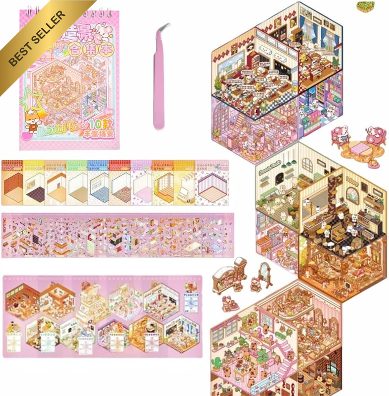 10 Sets DIY 3D Stickers Scene,3D Mini House Stickers Book for Adults with Tweeze