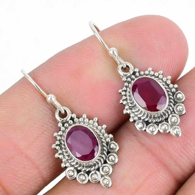 Ruby Gemstone July Birth Dangling Birthday Halloween Gift Earrings Solid Silver