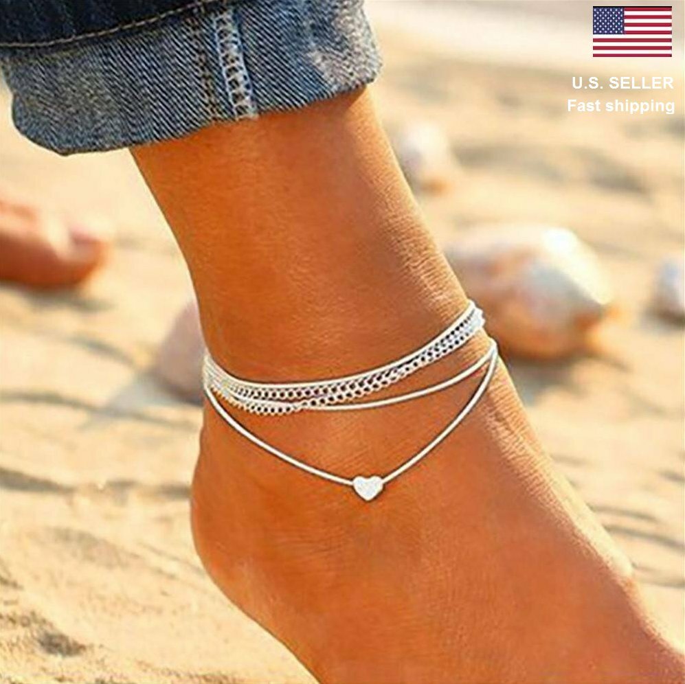 Fashion Love Heart Ankle Bracelet Foot Chain 925 Silver White Women Anklet