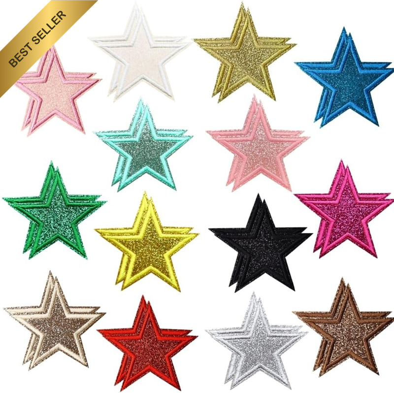 28 Pcs Star Glitter Pentagram Iron on Patch Sew on Cartoon Gold Powder Embroider