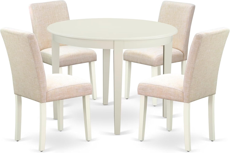 BOAB5-LWH-02 5 Piece Dining Set Includes a round Kitchen Table and 4 Light Beige Linen Fabric Parsons Dining Chairs, 42X42 Inch, Linen White