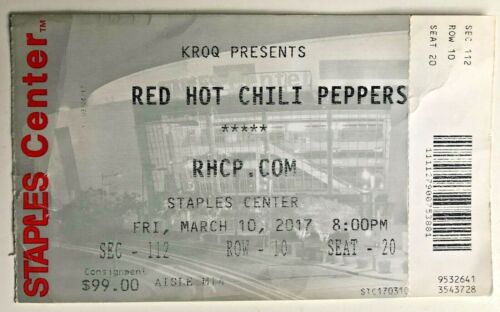 2017 Red Hot Chili Peppers Ticket Stub 3/10/17 Staples Center Los Angeles Ca.