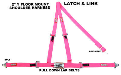 RACERDIRECT 2'' LATCH & LINK Y FLOOR MOUNT HARNESS. 3 POINT BUGGY BELT HOT PINK