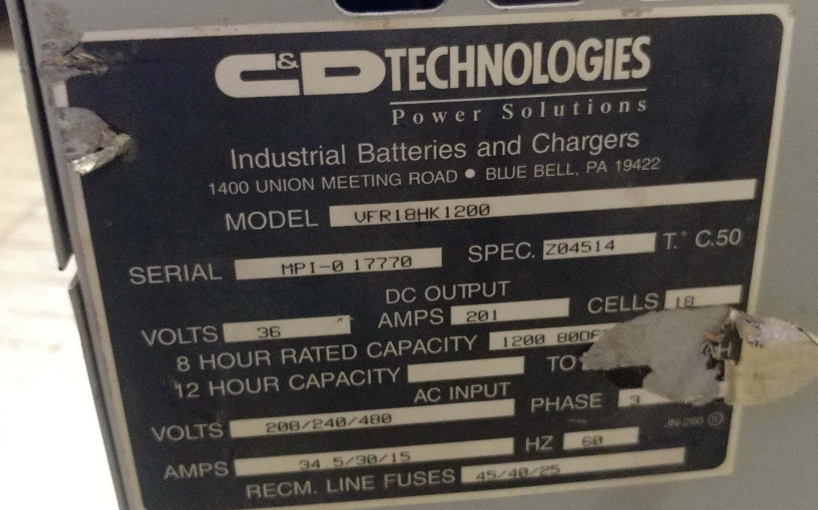 1 USED C&D TECHNOLOGIES FERRO 1500 VFR18HK1200 BATTERY CHARGER 36V *MAKE OFFER*