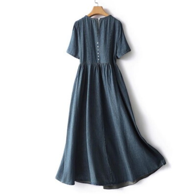 Pre-owned Handmade Custom Made To Order Crew Neck A-line Pleated Casual Denim Dress Plus1x-10x A229 In Blue