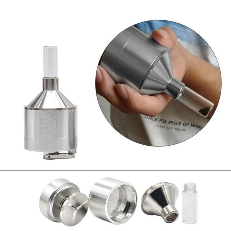 Metal Powder Spice Grinder Hand Mill Funnel w/ Snuff Glass Bottle 2.2x4.5 inch