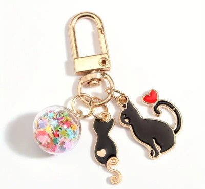 Black Cat Charm Keychain - Cute Cherry Blossom Accessory